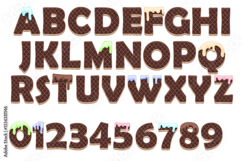 Alphabet, letters, numbers and signs made Chocolate from waffles with crema. Set of isolated vector objects. Education cards, stickers, typography print for your design.