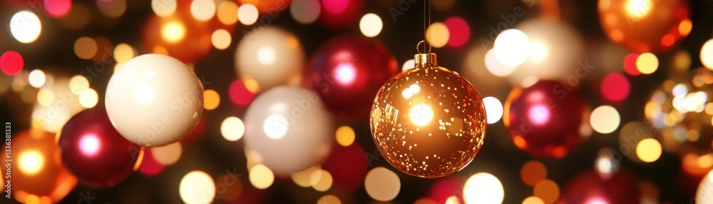 Festive Christmas ornaments and blurred lights create a joyful backdrop Festive Christmas ornaments and blurred lights create a joyful backdrop