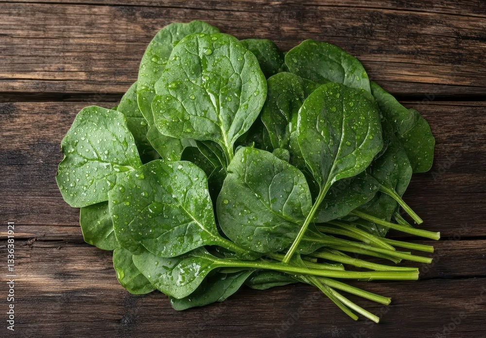 Fresh green spinach leaves with water droplets on rustic wooden table. Fresh green spinach leaves with water droplets on rustic wooden table.