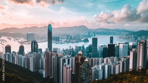A breathtaking aerial view of a sprawling cityscape near water