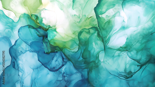 light blue and green alcohol ink abstract texture wallpaper isolated on white or transparent background