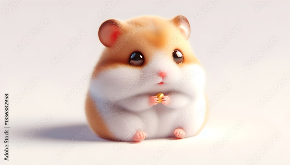 Cute 3D baby hamster with golden fur and tiny pink nose sitting isolated