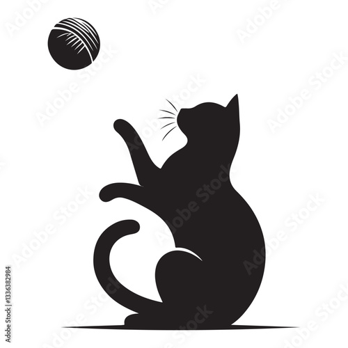 Playful black cat silhouette chasing yarn ball vector design