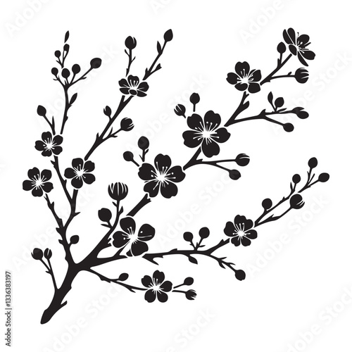 Blooming Cherry Branch Silhouette Vector Illustration for Spring Designs