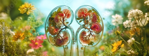 kidney organ against the background of flowers and herbal. Selective focus.