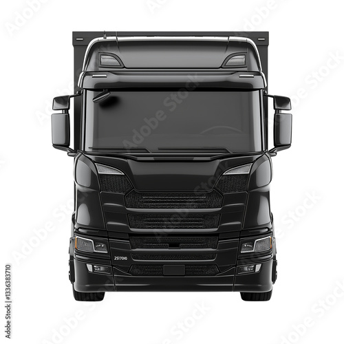 A highly detailed 3D-rendered front view of a modern container truck in black color, isolated on a pure transparent background.