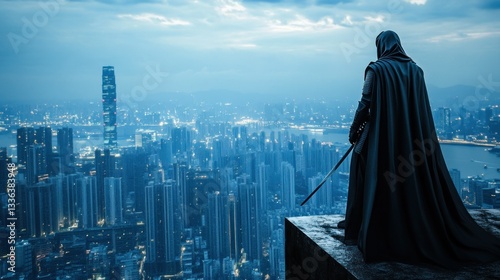 A cloaked figure stands on a rooftop overlooking a city