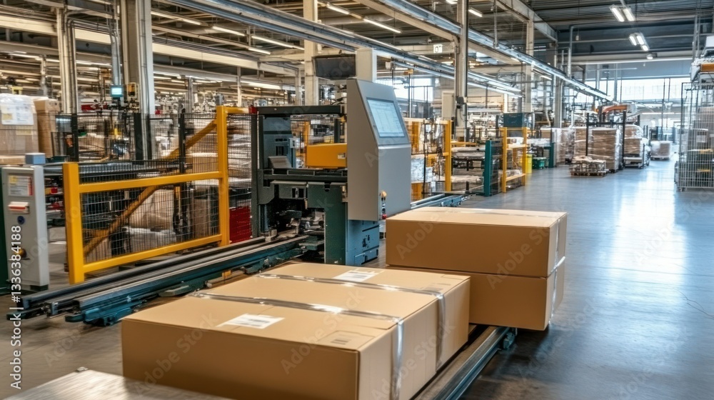 A warehouse conveyor system with boxes being processed for distribution A warehouse conveyor system with boxes being processed for distribution