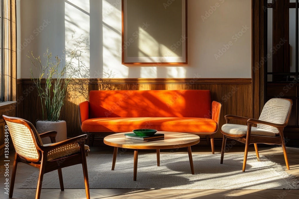 Fototapeta premium Sunny, modern living room with warm tones and natural light