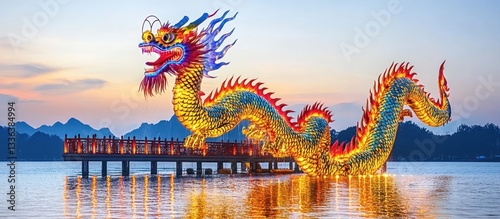 A Colorful Illuminated Dragon Sculpture Stands Above Water Surfaces