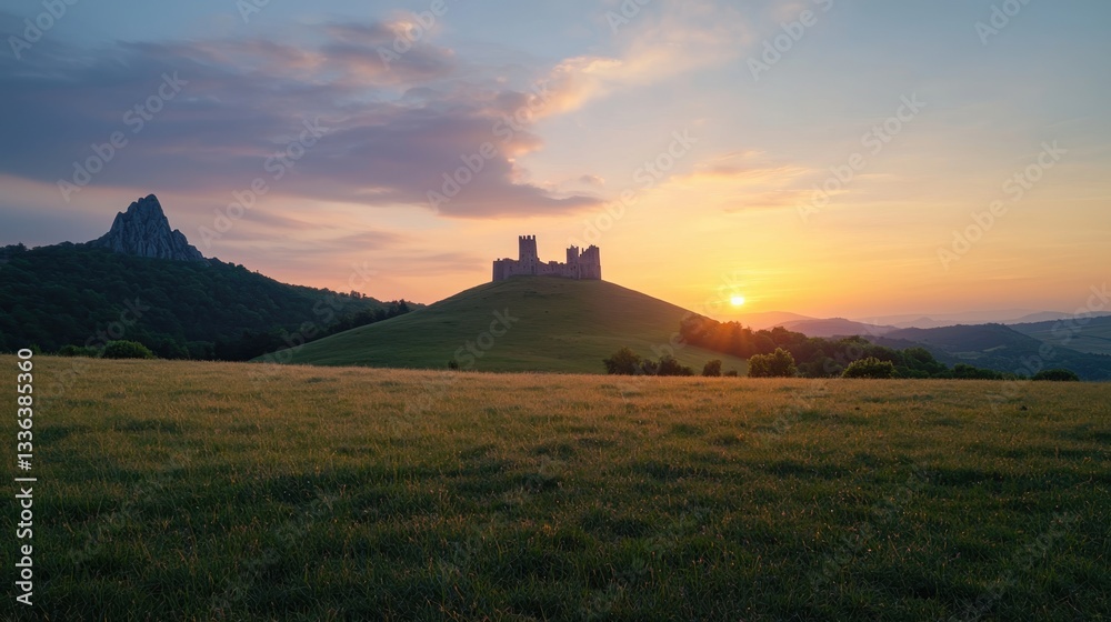 Obraz premium Golden Sunset Bathes Ancient Castle on Hilltop Surrounded by Rolling Green Fields