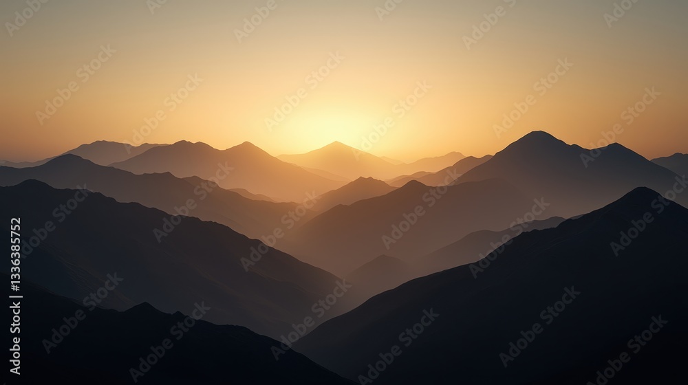Fototapeta premium Golden Sunset Washes Over Rugged Peaks of Majestic Mountains in Serene Landscape