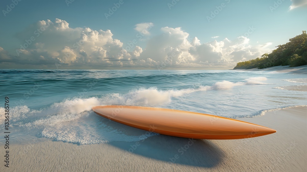Orange Surfboard On Tropical Beach Shoreline Orange Surfboard On Tropical Beach Shoreline