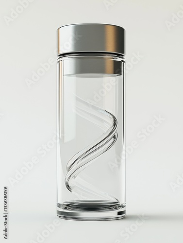 Clear glass bottle with spiral twist design, minimalist style with metallic cap and water content for modern decor or lifestyle imagery