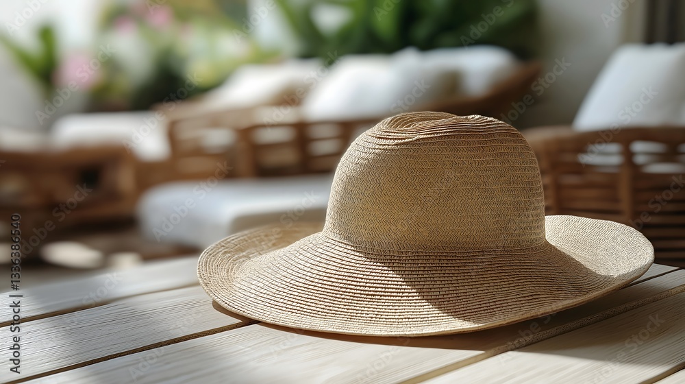 Straw Sun Hat on Wooden Table Natural Summer Accessory Beach Hat with Wide Brim Casual Vacation Fashion Item Neutral Beige Headwear Indoor Setting Relaxed Lifestyle Summer Apparel Rustic Background Straw Sun Hat on Wooden Table Natural Summer Accessory Beach Hat with Wide Brim Casual Vacation Fashion Item Neutral Beige Headwear Indoor Setting Relaxed Lifestyle Summer Apparel Rustic Background