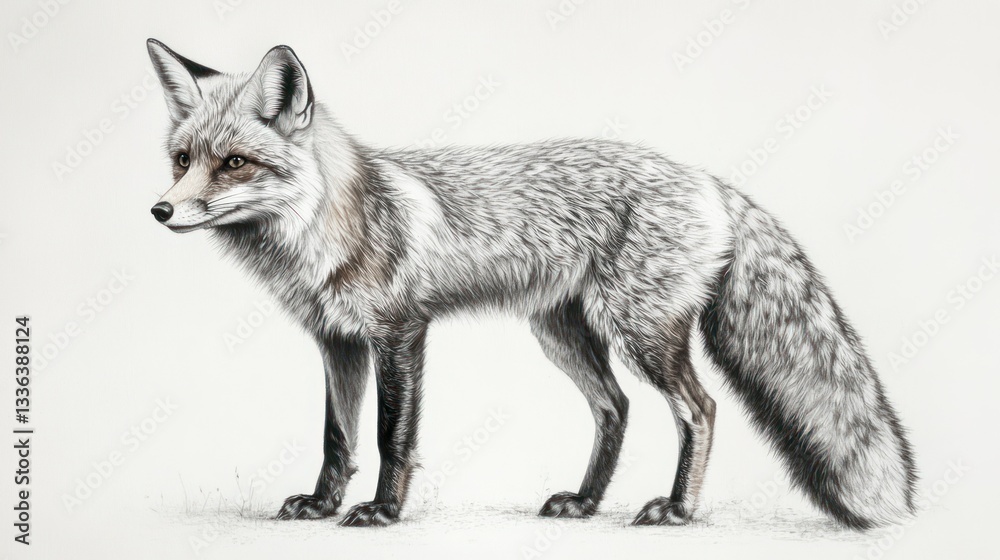A detailed sketch illustration depicting a silver fox in a poised stance A detailed sketch illustration depicting a silver fox in a poised stance