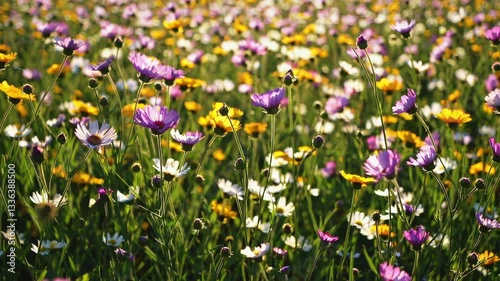 Multicolored wildflowers softly waving in gentle wind, creating vibrant landscape of natural beauty with sunlight dancing across delicate blossoming petals and lush green vegetation