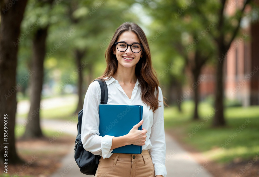 A female student with glasses on a tree-lined path holding a folder with some papers A female student with glasses on a tree-lined path holding a folder with some papers
