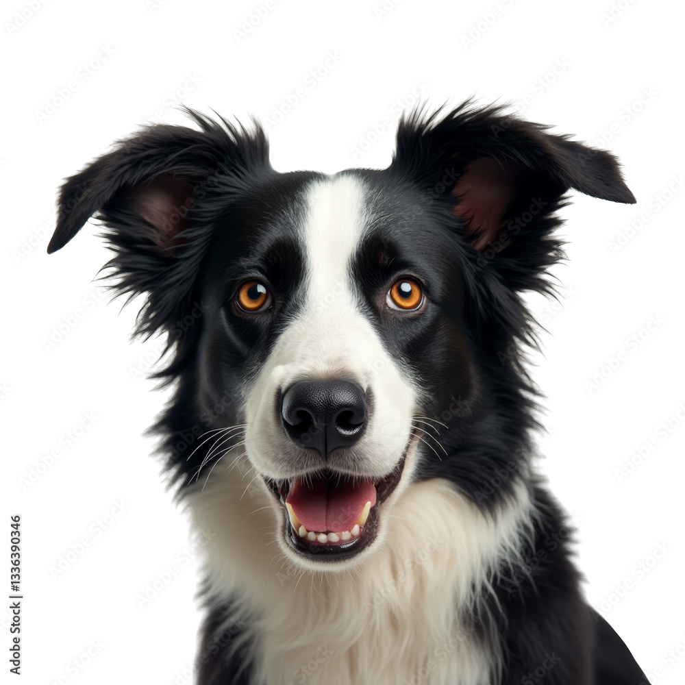 Close-up of Border Collie dog with open mouth, appearing happy and friendly, isolated on a white background. Close-up of Border Collie dog with open mouth, appearing happy and friendly, isolated on a white background.