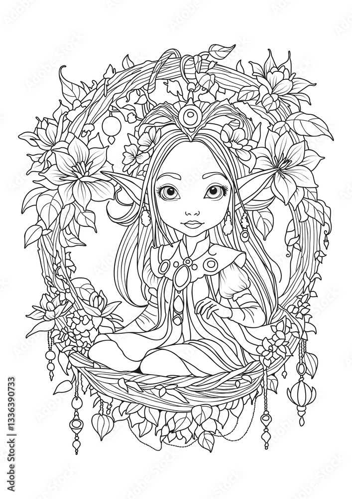 Elf girl with long ears swings on a swing beautifully decorated with flowers. Coloring page for children and adults. Elf girl with long ears swings on a swing beautifully decorated with flowers. Coloring page for children and adults.