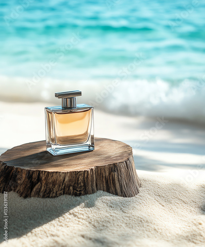 Perfume bottle on beach with ocean view