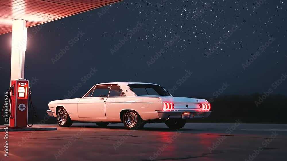Vintage Car at Gas Pump Under Starry Sky with Neon Lights