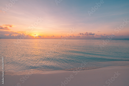 Fototapeta Naklejka Na Ścianę i Meble -  Serenity closeup sea sand beach. Amazing nature landscape. Inspire tropical beach seascape horizon. Orange gold sunset sky peaceful tranquil relaxing sunlight summer mood. Vacation travel holiday