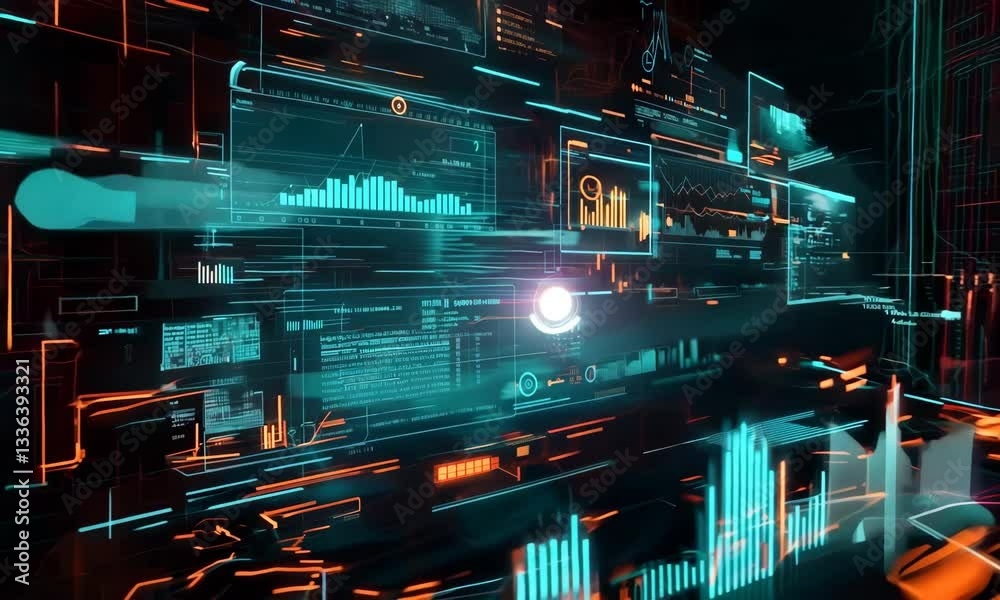 Big data technology and data science abstract background. Data scientist querying. Analysing and visualizing artificial intelligence on virtual screen. AI Data flow concept. Finance neural network