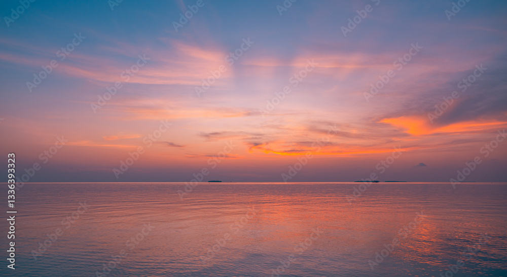 Obraz premium Fantastic closeup sea sky. Panoramic beach seascape. Inspire tropical horizon. Orange and golden sunset sky calmness tranquil relaxing sunlight summer mood. Vacation ocean travel sunrise meditation