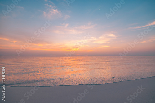 Fototapeta Naklejka Na Ścianę i Meble -  Serenity closeup sea sand beach. Amazing nature landscape. Inspire tropical beach seascape horizon. Orange gold sunset sky peaceful tranquil relaxing sunlight summer mood. Vacation travel holiday