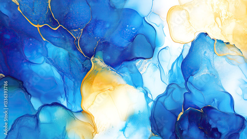 light blue and yellow alcohol ink abstract texture wallpaper isolated on white or transparent background