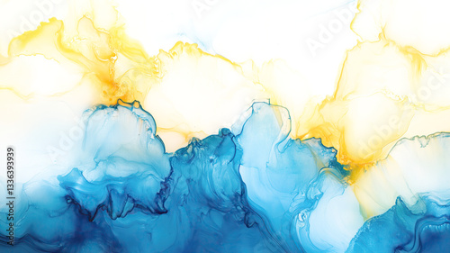 light blue and yellow alcohol ink abstract texture wallpaper isolated on white or transparent background