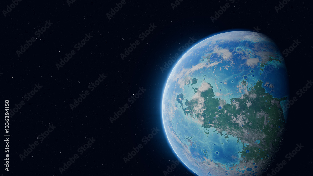 Fototapeta premium Planète habitable équivalente à la terre vue dans l'espace sur un fond étoilé noir.
