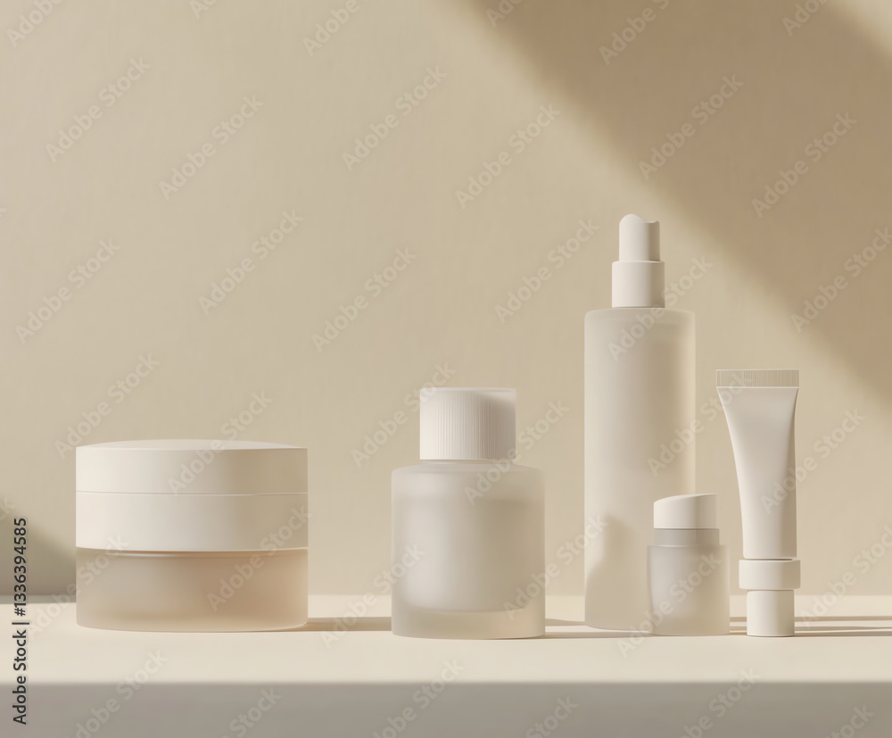 Minimalist skincare bottles on a light backdrop. Minimalist skincare bottles on a light backdrop.