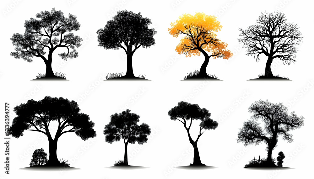 Fototapeta premium Eight diverse tree silhouettes, showcasing various shapes, leaf density, and seasonal variations against a white backdrop
