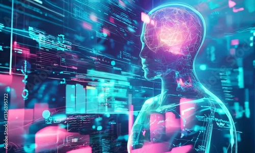 Big data technology and data science abstract background. Data scientist querying. Analysing and visualizing artificial intelligence on virtual screen. AI Data flow concept. Finance neural network