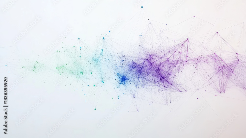 Fototapeta premium Abstract network graphic design, flowing lines, multicolored points, blank background, suitable for tech presentations, social media, or website banners
