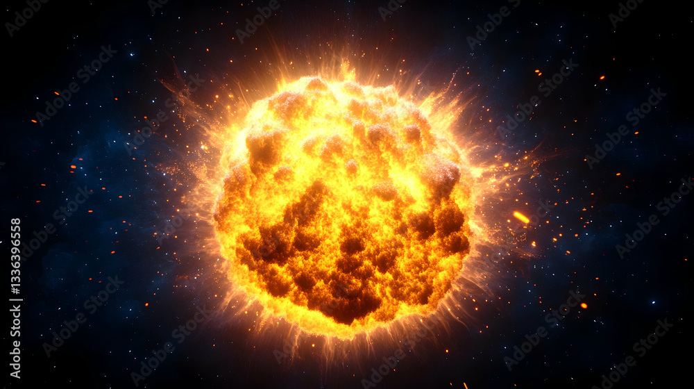 Fototapeta premium Fiery cosmic explosion, glowing sphere in dark space