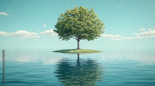 A lush tree on a small island mirrored in calm water under a pastel sky

