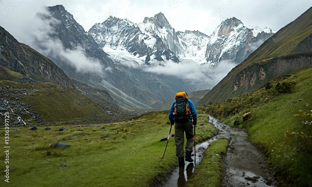 Hiker trekking through a lush valley surrounded by majestic mountains and cloudy skies Hiker trekking through a lush valley surrounded by majestic mountains and cloudy skies