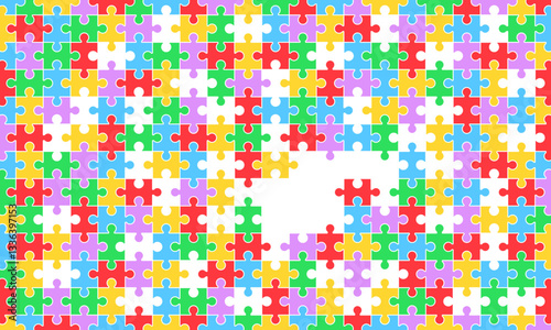 Colored puzzle pieces on white background. Unfinished jigsaw. Blank puzzle. Vector 10 Eps.
