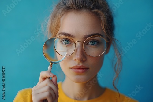 a woman looking through a magnifying glass.