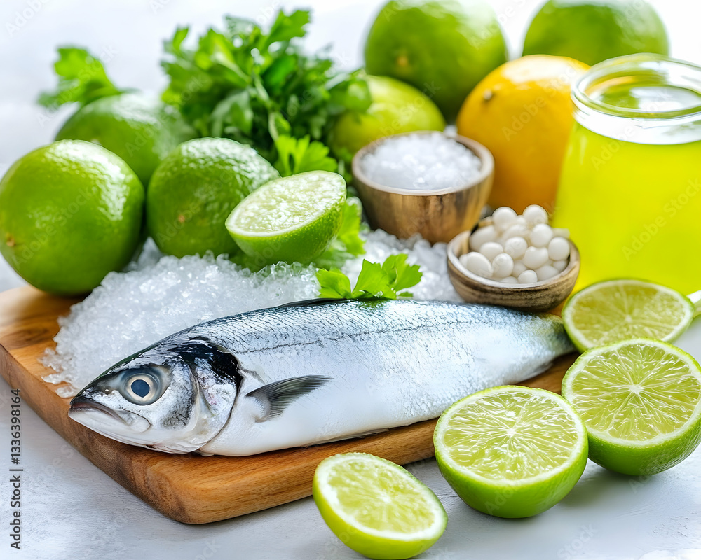 Fresh fish on ice with citrus fruits, herbs, and salt Fresh fish on ice with citrus fruits, herbs, and salt