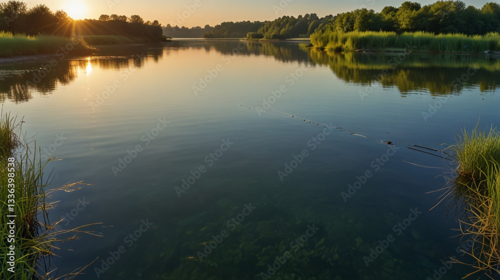 Beautiful lake view at sunset with reflection of trees and calm water perfect for peaceful nature backgrounds Beautiful lake view at sunset with reflection of trees and calm water perfect for peaceful nature backgrounds