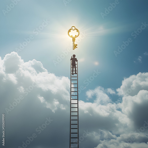 A person is climbing a ladder to reach a key on top of a tall building