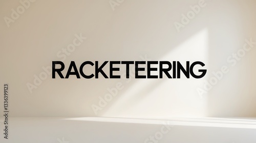 Large text spelling racketeering on a light background with soft shadows