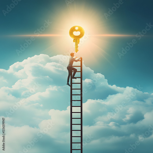 A man is climbing a ladder to reach a key