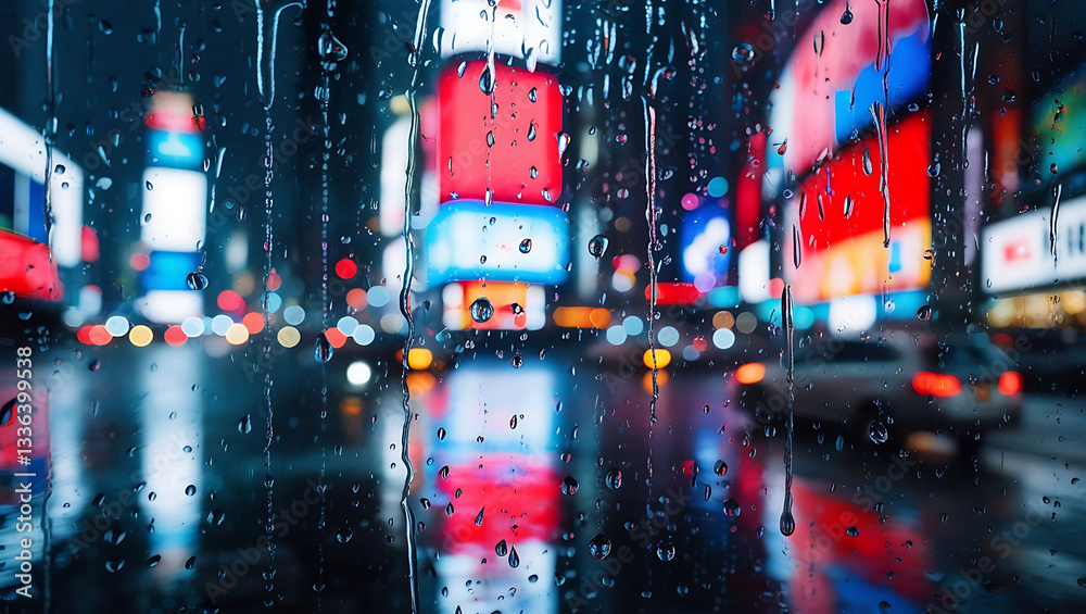 Naklejka premium City in Motion: Raindrops and Nighttime Radiance