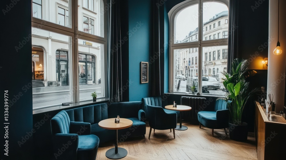 Fototapeta premium A comfortable stylish interior with a view of the city streets