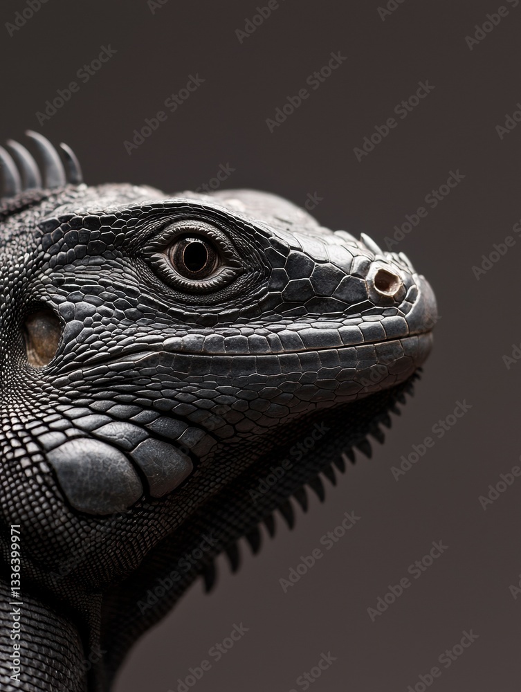 Fototapeta premium Close-up of the head and neck of a black iguana. the iguana's head is facing towards the right side of the image, with its head slightly tilted upwards.